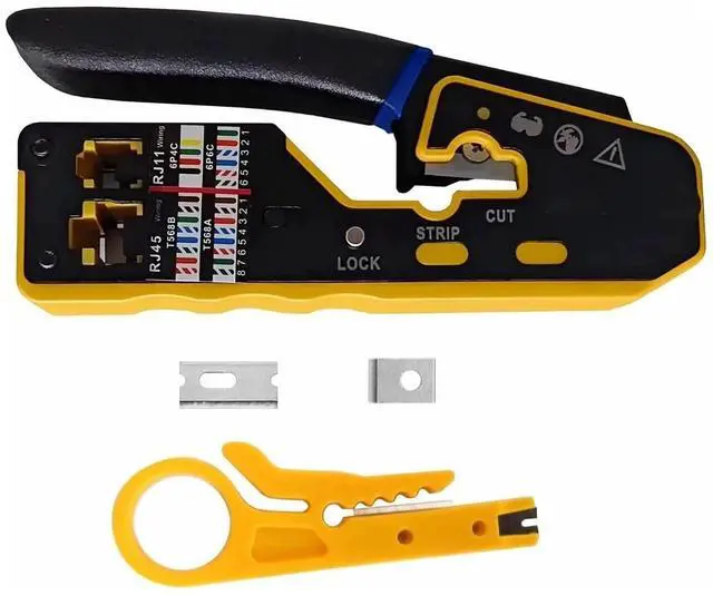 Main image of Yankok 6088N RJ45 Pass Through Crimper Crimps CAT5 CAT6 Network Connectors Strip and Cut Ethernet Cable RJ12/11 Crimp Tool Yellow (with Blade Set and Wire Stripper)