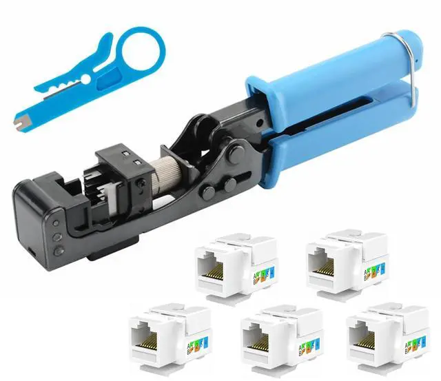 Main image of Yankok 90 Degree Punch Down Tool with 5 Keystone Jacks in White SPECIFIC MODULAR FIT CAT5/5e and CAT6/6A Modular Fast Termination Crimper, One Hand Operation Blue