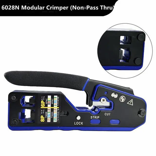 Alt view image 2 of 7 - Yankok 6028N RJ45 RJ12/11 Modular Crimper Crimps CAT5 CAT6 Network Connectors Strip and Cut Ethernet Cable RJ45 Crimp Tool Blue (Non-Pass Through)