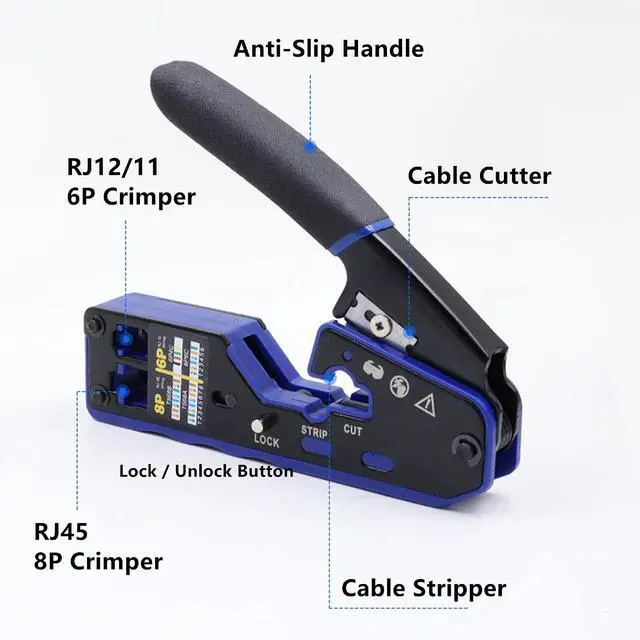 Alt view image 3 of 7 - Yankok 6028N RJ45 RJ12/11 Modular Crimper Crimps CAT5 CAT6 Network Connectors Strip and Cut Ethernet Cable RJ45 Crimp Tool Blue (Non-Pass Through)