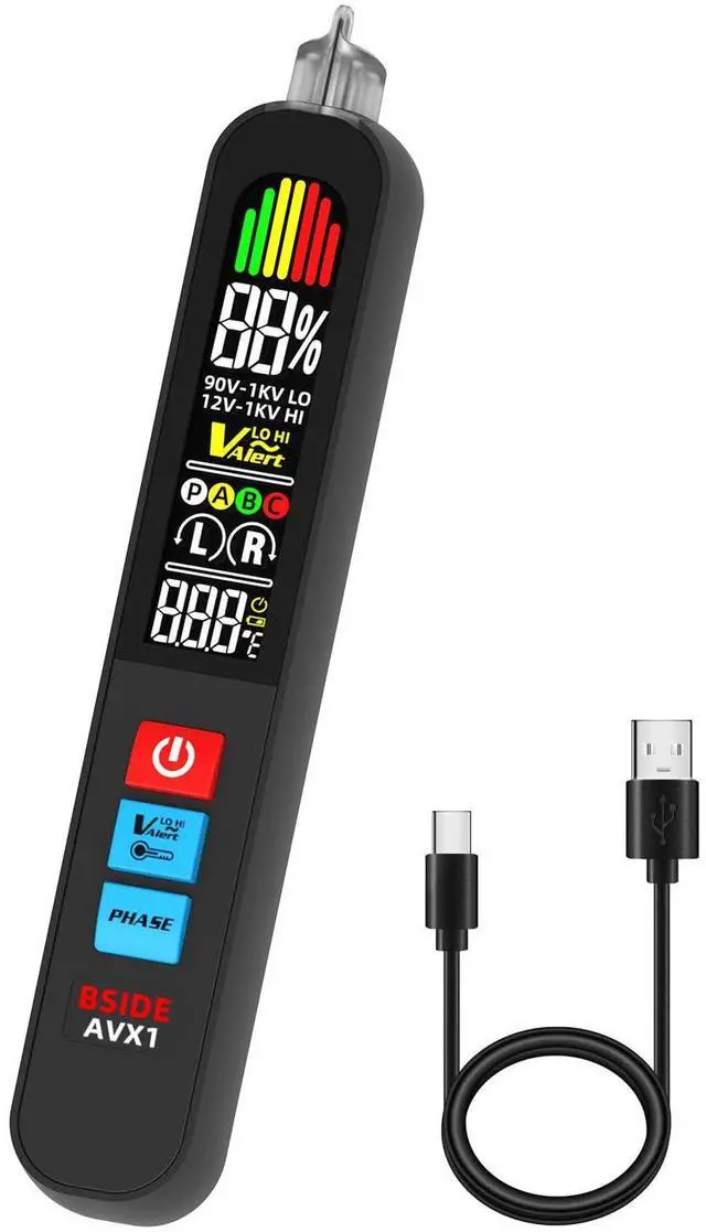 Main image of BSIDE Voltage Tester, Non-Contact with 3-Phase Rotation Indicator & Signal Percentage, Rechargeable AC Electrical Voltage Detector Pen, High/Low Sensitivity with 6 Ranges, 3-Mode Alarm with Analog Bar