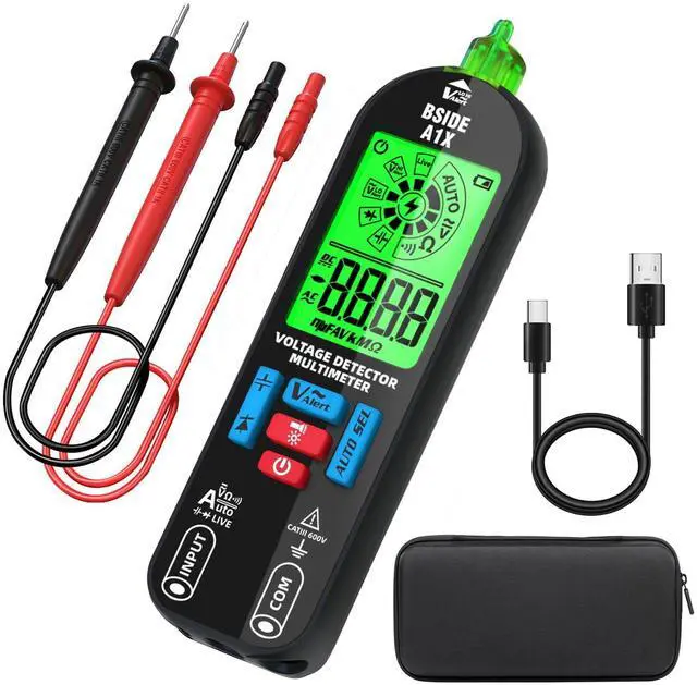 Main image of BSIDE Digital Multimeter Tester Rechargeable Electrical Voltmeter, Smart Mode with Red & Green Backlight, Measures Capacitance Diode Ohm Continuity V-Alert DC AC Voltage with Carrying Case