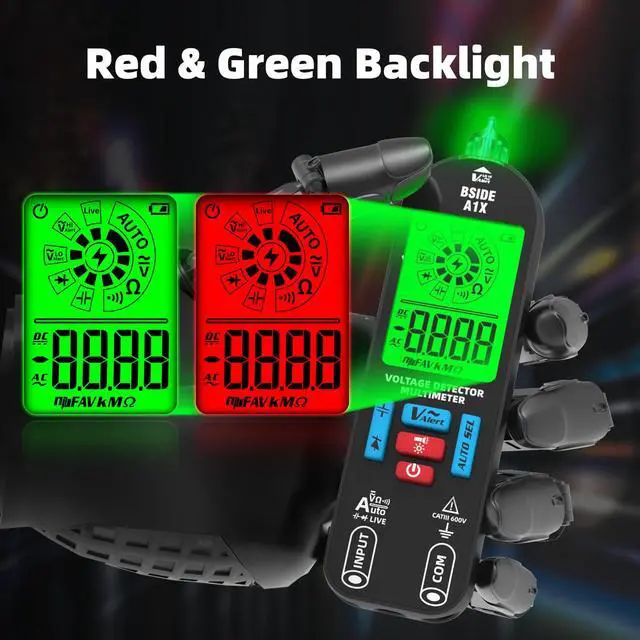 Alt view image 2 of 7 - BSIDE Digital Multimeter Tester Rechargeable Electrical Voltmeter, Smart Mode with Red & Green Backlight, Measures Capacitance Diode Ohm Continuity V-Alert DC AC Voltage with Carrying Case