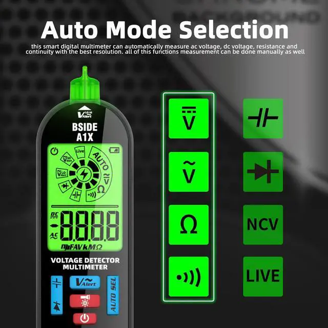 Alt view image 3 of 7 - BSIDE Digital Multimeter Tester Rechargeable Electrical Voltmeter, Smart Mode with Red & Green Backlight, Measures Capacitance Diode Ohm Continuity V-Alert DC AC Voltage with Carrying Case
