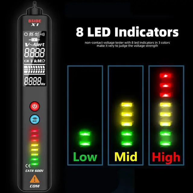 Alt view image 3 of 7 - BSIDE Voltage Tester EBTN LCD Non-contact Voltage Detector Pen, 3-Line Display with 8 LED Indicator, Dual Range Adjustable Sensitivity AC Power Sensor