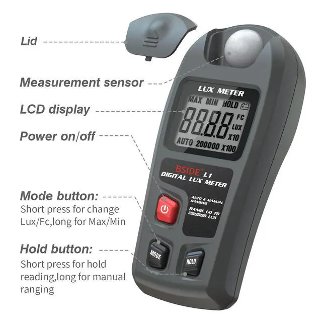 Alt view image 6 of 7 - BSIDE Digital Light Meter Lux Tester Illuminance Luxmeter, 0-200,000 Lux Portable Environment Luminometer Photometer for Garden Film Indoor Classroom Plants LED Grow Light Photography