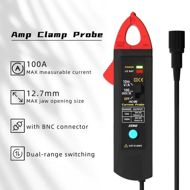 Alt view image 7 of 7 - BSIDE AC DC Current Clamp Probe for Oscilloscope, 10mA-100A Range, 100mV/A & 10mV/A Sensitivity, 40-20KHz, with Standard BNC Connector and Carry Case for HVAC Electrical Automotive Amp Draw