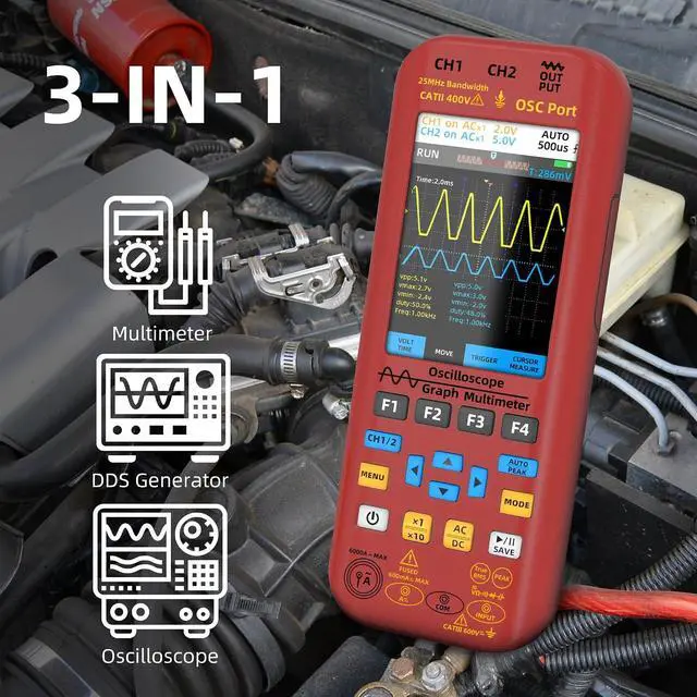 Alt view image 3 of 7 - BSIDE Dual Channel Oscilloscope Multimeter, 50MHz Bandwidth 3.98" Full-Viewing TFT LCD DDS Generator, Measure Flexible AC Current Clamp Temp Capacitance Diode Voltage with 5000mAh Rechargeable Battery