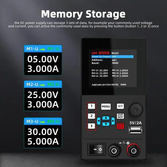Alt view image 2 of 7 - BSIDE DC Power Supply Variable 30V 5A Bench Power Supply, Encoder Knob With Memory Storage, 4-Digits Adjustable Switching Regulated Lab