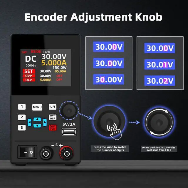 Alt view image 3 of 7 - BSIDE DC Power Supply Variable 30V 5A Bench Power Supply, Encoder Knob With Memory Storage, 4-Digits Adjustable Switching Regulated Lab