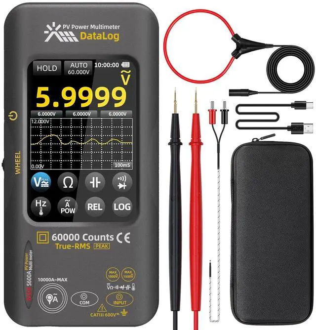 Main image of BSIDE 60000 Counts PV Multimeter, Power Measurement with 10000A Flexible AC Clamp Wire, Date Recorder with 3.98" Touch LCD, 1500VDC/1000VAC, Cap Diode Temp Amp Peak Teser for Photovoltaic Solar Panel