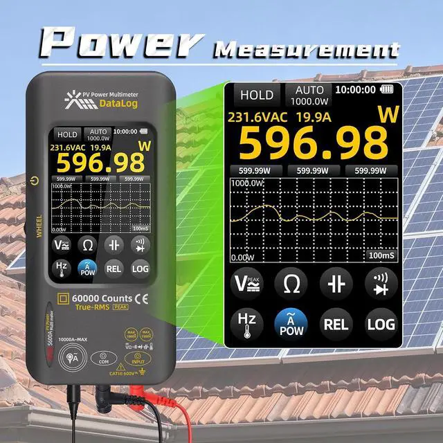 Alt view image 3 of 7 - BSIDE 60000 Counts PV Multimeter, Power Measurement with 10000A Flexible AC Clamp Wire, Date Recorder with 3.98" Touch LCD, 1500VDC/1000VAC, Cap Diode Temp Amp Peak Teser for Photovoltaic Solar Panel