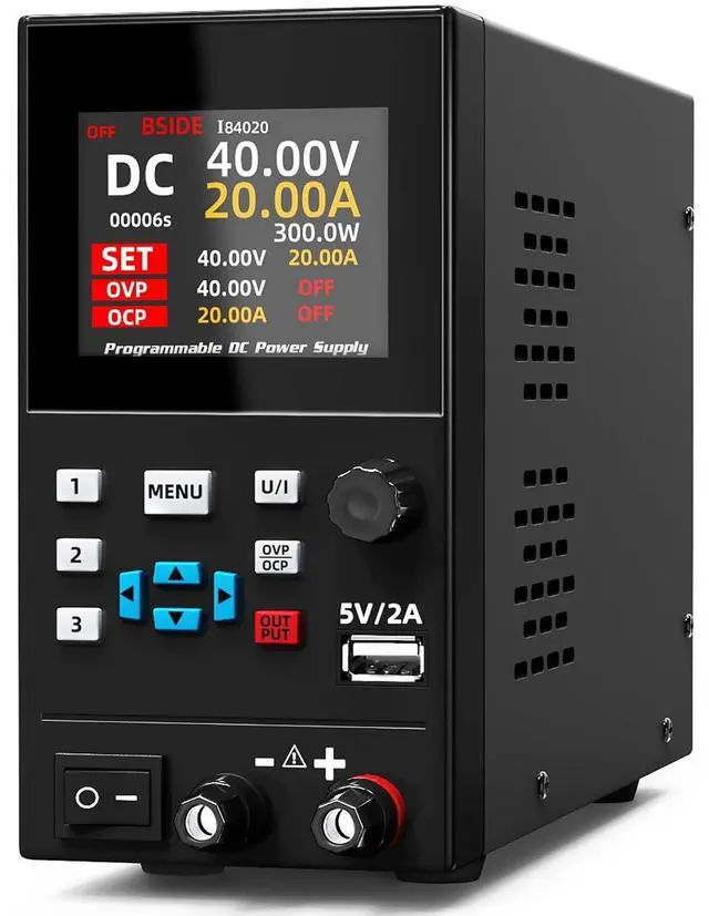 Main image of BSIDE 40V 20A DC Power Supply Variable, Programmable with Encoder Knob, Adjustable Switching Regulated Bench Power Supply, 4-Digits LED Display with Memory Storage, 5V/2A USB Ports and Output Button