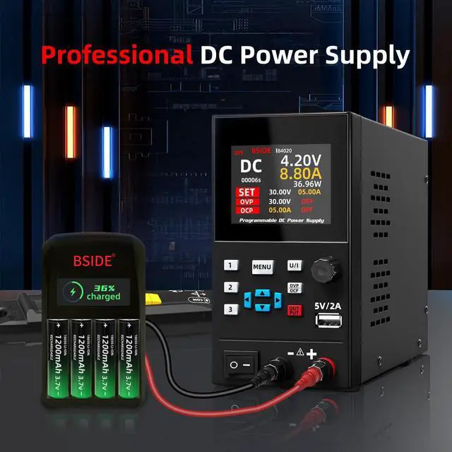 Alt view image 7 of 7 - BSIDE 40V 20A DC Power Supply Variable, Programmable with Encoder Knob, Adjustable Switching Regulated Bench Power Supply, 4-Digits LED Display with Memory Storage, 5V/2A USB Ports and Output Button