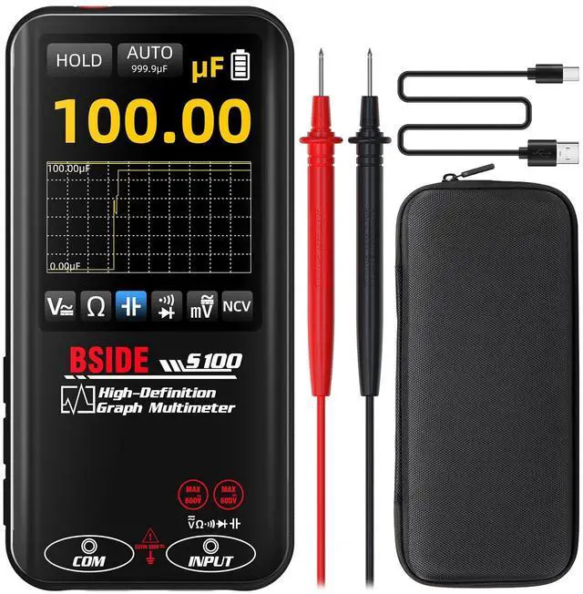 Main image of BSIDE Digital Multimeter Date Monitor, 10000 Counts with Rechargeable, True RMS Pocket Auto-Ranging Color Display Voltmeter, Measures Capacitance Diode Continuity Ohm V-Alert Voltage with Flashlight