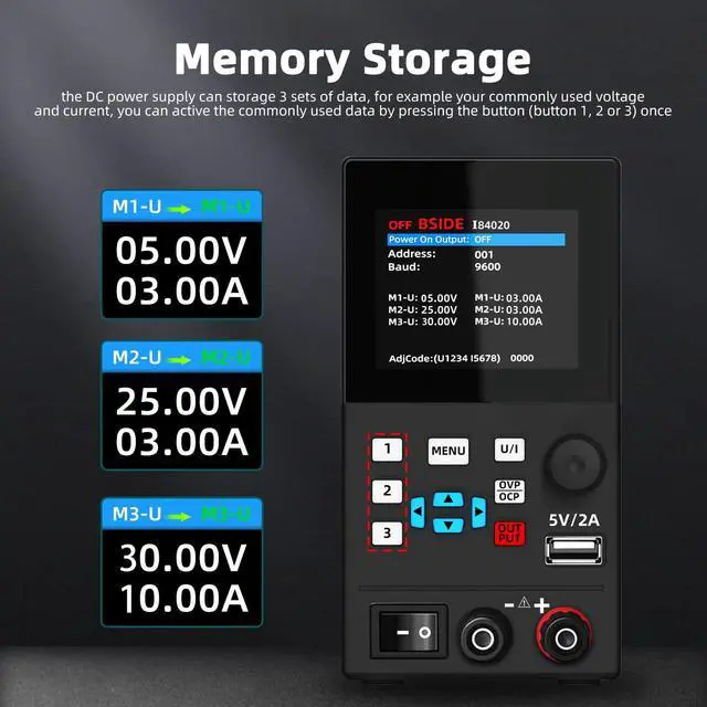 Alt view image 3 of 7 - BSIDE 40V 20A DC Power Supply Variable, Programmable with Encoder Knob, Adjustable Switching Regulated Bench Power Supply, 4-Digits LED Display with Memory Storage, 5V/2A USB Ports and Output Button