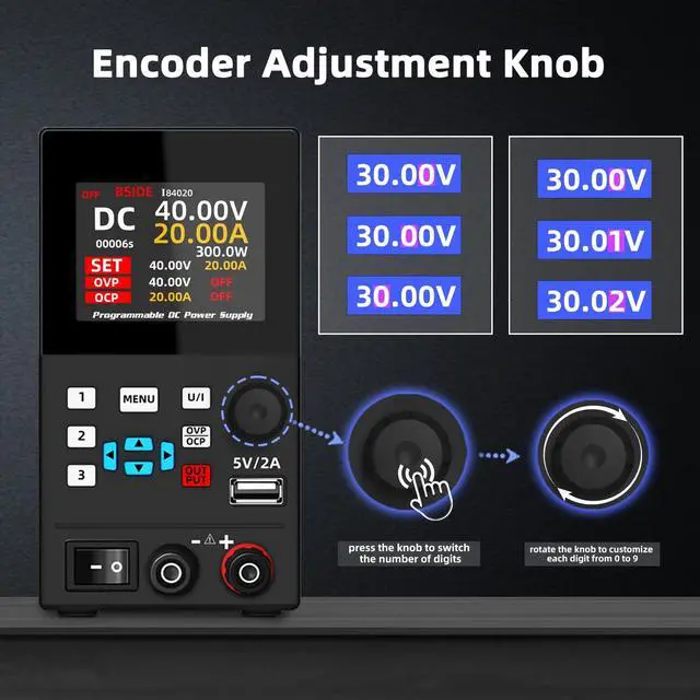 Alt view image 4 of 7 - BSIDE 40V 20A DC Power Supply Variable, Programmable with Encoder Knob, Adjustable Switching Regulated Bench Power Supply, 4-Digits LED Display with Memory Storage, 5V/2A USB Ports and Output Button