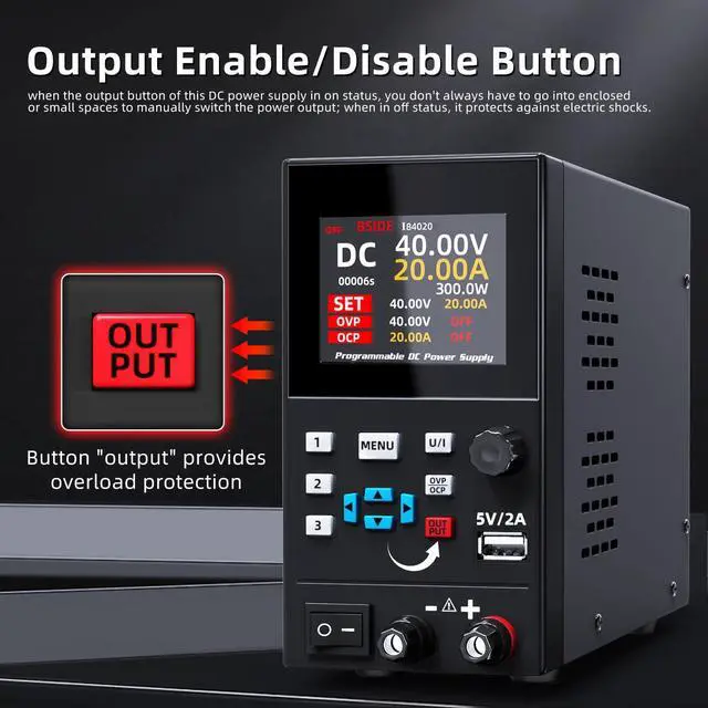 Alt view image 5 of 7 - BSIDE 40V 20A DC Power Supply Variable, Programmable with Encoder Knob, Adjustable Switching Regulated Bench Power Supply, 4-Digits LED Display with Memory Storage, 5V/2A USB Ports and Output Button