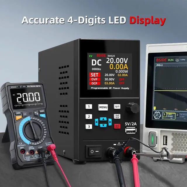 Alt view image 6 of 7 - BSIDE 40V 20A DC Power Supply Variable, Programmable with Encoder Knob, Adjustable Switching Regulated Bench Power Supply, 4-Digits LED Display with Memory Storage, 5V/2A USB Ports and Output Button