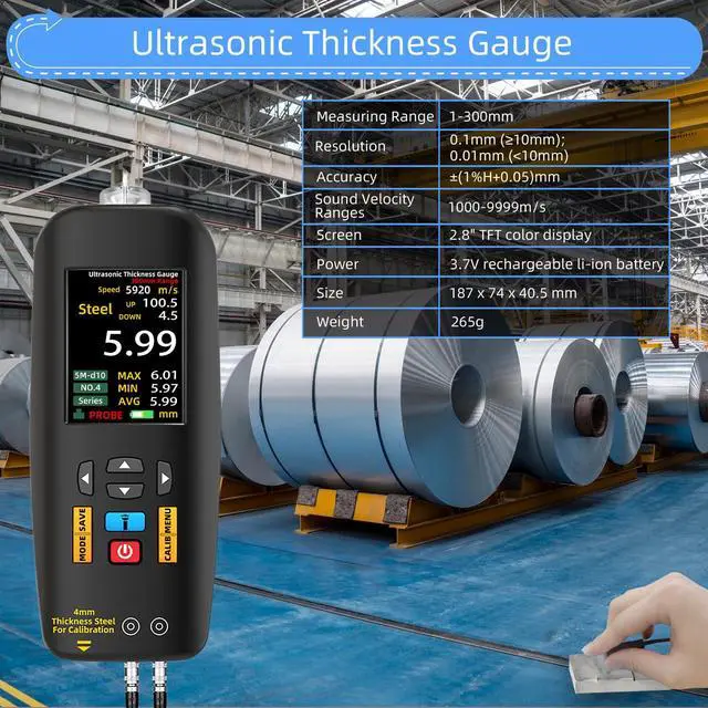 Alt view image 2 of 7 - BSIDE Ultrasonic Thickness Gauge Meter, 1-300mm Range with Color Display, Rechargeable Ultrasonic Thickness Tester with Probe for Measuring Metal Steel Silver Plastic Glass PVC Aluminum Pipes Ceramics