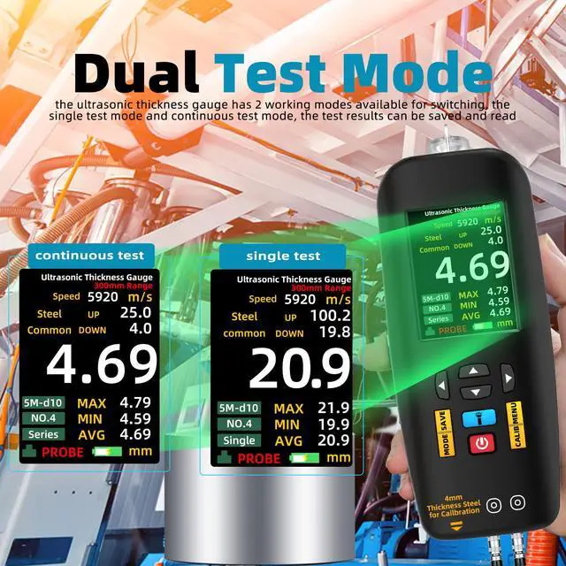 Alt view image 4 of 7 - BSIDE Ultrasonic Thickness Gauge Meter, 1-300mm Range with Color Display, Rechargeable Ultrasonic Thickness Tester with Probe for Measuring Metal Steel Silver Plastic Glass PVC Aluminum Pipes Ceramics