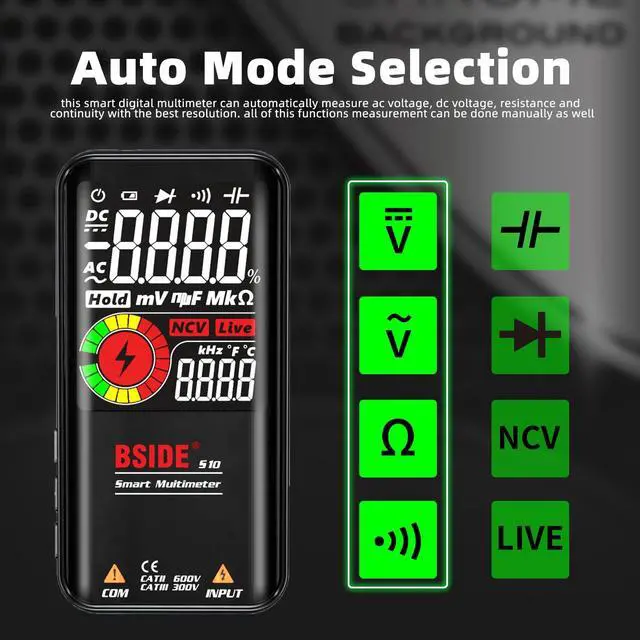 Alt view image 2 of 7 - BSIDE Digital Multimeter Color LCD 9999 Counts Auto-Ranging Voltmeter Capacitance Resistance Continuity Frequency Diode Duty Cycle Live Check Voltage Tester with Flashlight