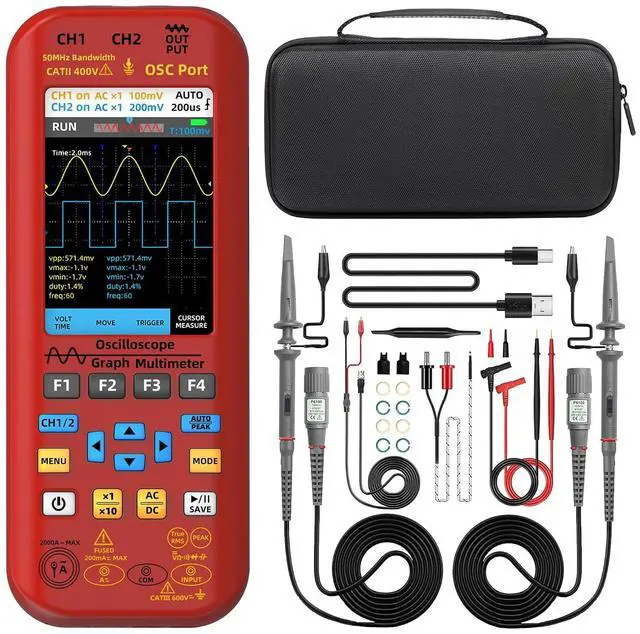 Main image of BSIDE Dual Channel Oscilloscope Multimeter, 50MHz Bandwidth 3.98" Full-Viewing TFT LCD DDS Generator, Measure Flexible AC Current Clamp Temp Capacitance Diode Voltage with 5000mAh Rechargeable Battery
