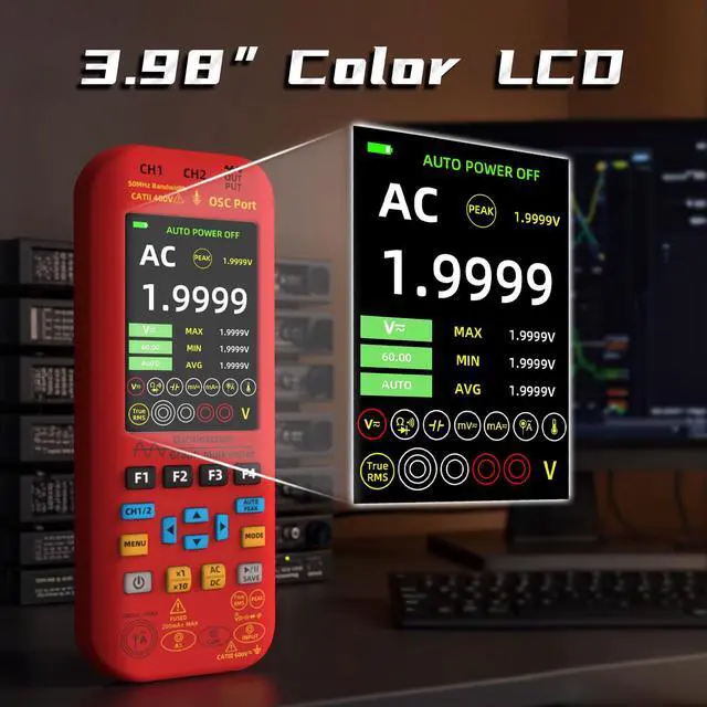 Alt view image 4 of 7 - BSIDE Dual Channel Oscilloscope Multimeter, 50MHz Bandwidth 3.98" Full-Viewing TFT LCD DDS Generator, Measure Flexible AC Current Clamp Temp Capacitance Diode Voltage with 5000mAh Rechargeable Battery