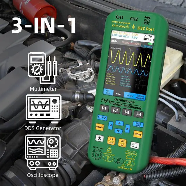 Alt view image 2 of 7 - BSIDE Handheld Digital Oscilloscope Multimeter 2 Channels 50MHz Bandwidth Scope Tester, 3.98" TFT LCD DDS Generator with 2 Probes, Measure Flexible AC Current Clamp, Temp Capacitance Diode Amp Voltage