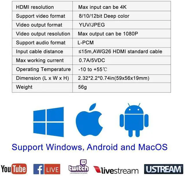 Alt view image 7 of 7 - Video Capture Card with Loop Out, HDMI USB 2.0 4K HD 1080P 60FPS Game Capture Video Audio Recorder for Live Streaming for PS3/ PS4 /Xbox One/DSLR/Camcorders/Action Cam