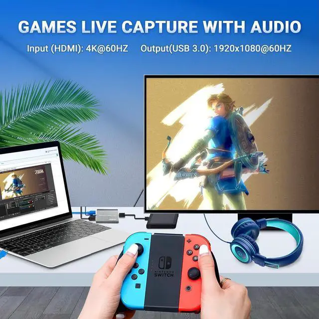 Alt view image 2 of 7 - USB 3.0 HDMI Capture Card with 4K60 Input and Loop-Out, 1080P60 Ultra-Low Latency Game Capture for Streaming, Plug & Play with Mic/Audio Input, Compatible with PS5/Xbox/Switch/PC/OBS