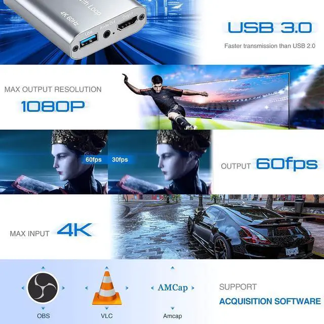 Alt view image 3 of 7 - USB 3.0 HDMI Capture Card with 4K60 Input and Loop-Out, 1080P60 Ultra-Low Latency Game Capture for Streaming, Plug & Play with Mic/Audio Input, Compatible with PS5/Xbox/Switch/PC/OBS