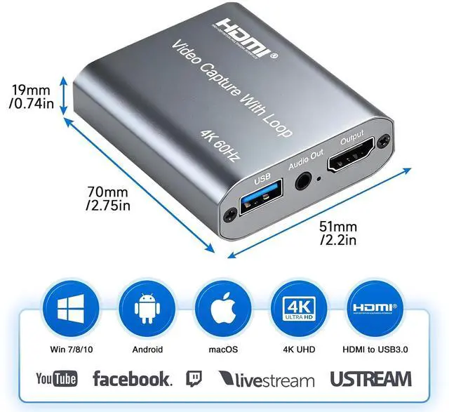 Alt view image 6 of 7 - USB 3.0 HDMI Capture Card with 4K60 Input and Loop-Out, 1080P60 Ultra-Low Latency Game Capture for Streaming, Plug & Play with Mic/Audio Input, Compatible with PS5/Xbox/Switch/PC/OBS