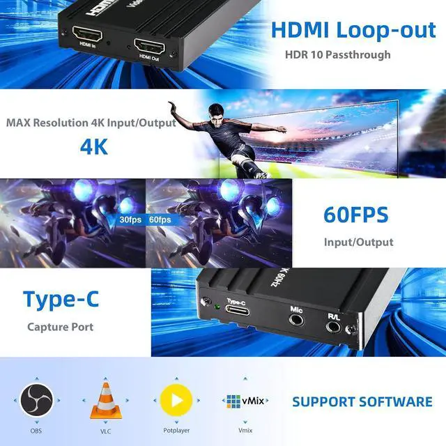 Alt view image 3 of 7 - 4K60 HDMI Capture Card with USB 3.2 Type-C, True 4K@60 Capture & 4K@60 Loop-Out, 1080P240/2K144 High Refresh Rate Capture, Mic/Audio Input, for PS5/Xbox/Switch/PC/OBS Streaming