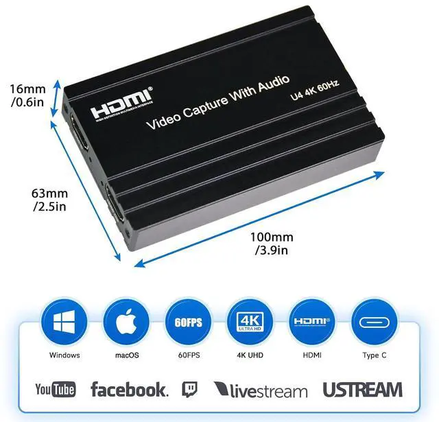 Alt view image 6 of 7 - 4K60 HDMI Capture Card with USB 3.2 Type-C, True 4K@60 Capture & 4K@60 Loop-Out, 1080P240/2K144 High Refresh Rate Capture, Mic/Audio Input, for PS5/Xbox/Switch/PC/OBS Streaming