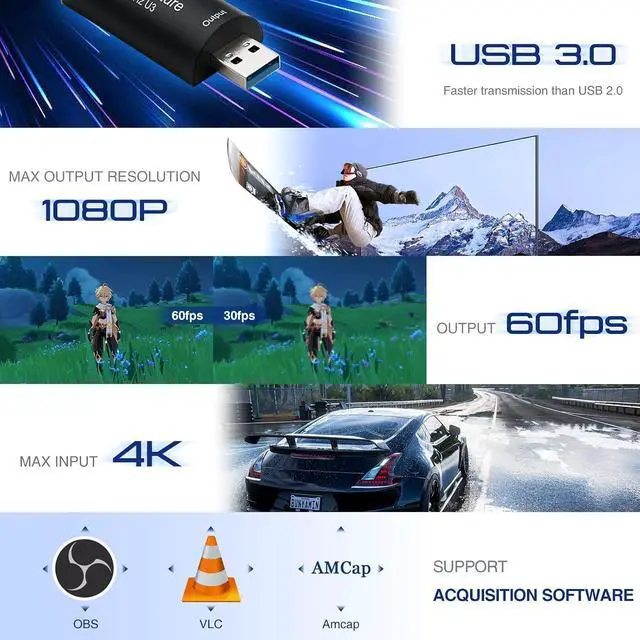 Alt view image 3 of 7 - HDMI to USB 3.0 Video Capture Card, Cam Link 1080P60 Game Capture Card Device for Streaming Recorder, Live Broadcasting, Compatible with Nintendo Switch,Xbox,PS4 (VLC/OBS/Amcap)