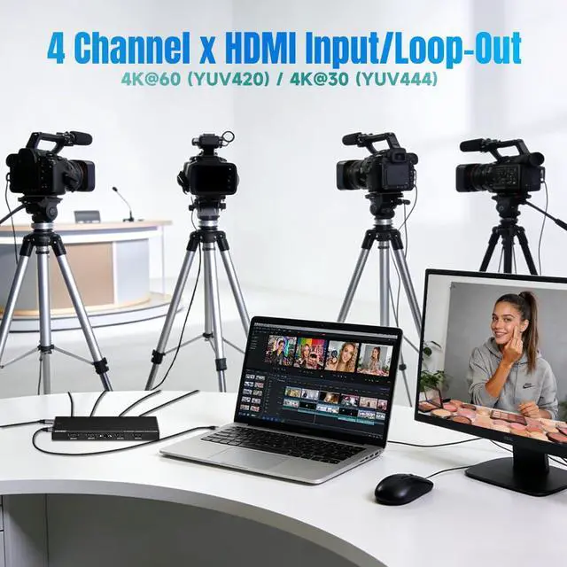 Alt view image 2 of 7 - 4 Channel HDMI Capture Card with Loop Out - 4K60 Video Capture Card, UVC Plug-and-Play USB 3.2 Type-C, 10Gbps, Pro Audio Input, 100W PD, for Streaming/Gaming/Video Production/PS5/Switch/Xbox
