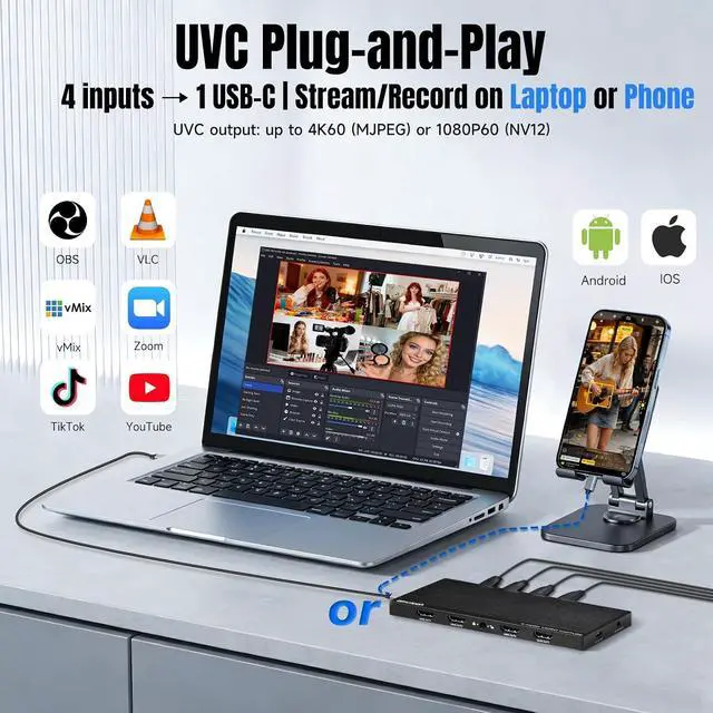 Alt view image 3 of 7 - 4 Channel HDMI Capture Card with Loop Out - 4K60 Video Capture Card, UVC Plug-and-Play USB 3.2 Type-C, 10Gbps, Pro Audio Input, 100W PD, for Streaming/Gaming/Video Production/PS5/Switch/Xbox