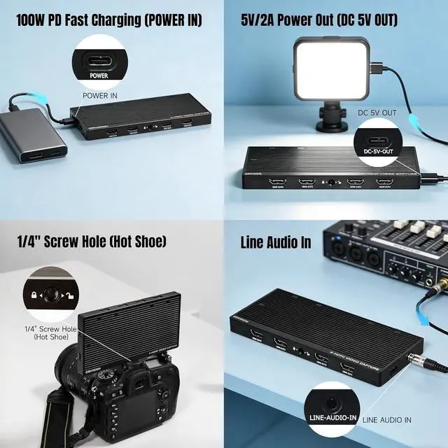 Alt view image 5 of 7 - 4 Channel HDMI Capture Card with Loop Out - 4K60 Video Capture Card, UVC Plug-and-Play USB 3.2 Type-C, 10Gbps, Pro Audio Input, 100W PD, for Streaming/Gaming/Video Production/PS5/Switch/Xbox