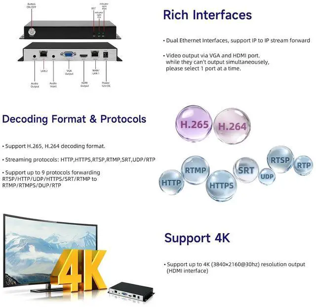 Alt view image 2 of 6 - H.265/264 4K HDMI VGA Dual Ethernet Video Decoders, IP to IP Transcoder,HTTP HTTPS RTSP RTMP SRT UDP/RTP, Embedded RTMP Server,1/4/9CH Decoding Live Broadcasting YouTube Facebook