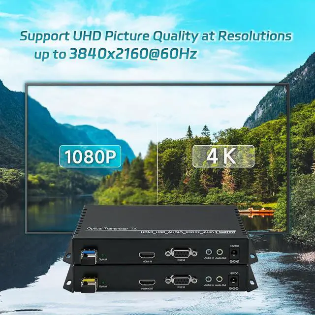 Alt view image 6 of 6 - 4K60 HDMI KVM Extender Over Fiber Optic up to 10km with USB 2.0, Bi-Directional Audio/RS232, HDMI 2.1, HDCP 2.2/2.3, LC Single Mode 1 Core (Transmitter + Receiver)