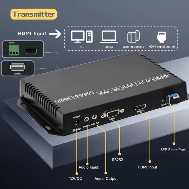 Alt view image 2 of 7 - 4K30 HDMI KVM Extender Over Fiber Optic up to 10km with Remote Power Control, USB 2.0, Bi-Directional Audio/RS232, LC Single Mode 1 Core (Transmitter + Receiver)