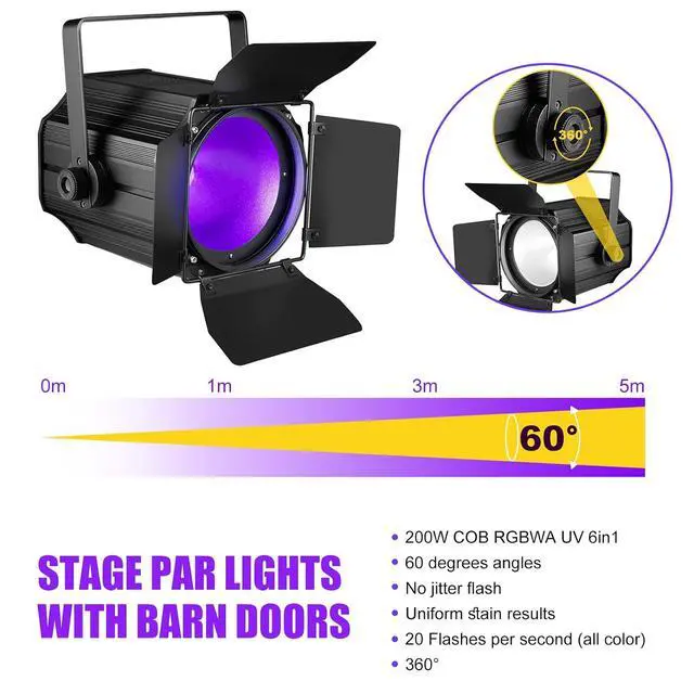 Alt view image 4 of 7 - COB Stage Lights with Barn Doors, COB Par Light 200W LED RGBWAUV DMX512 Master-Slave Sound DJ Lighting Spotlight Fresnel for Church Concert Wedding