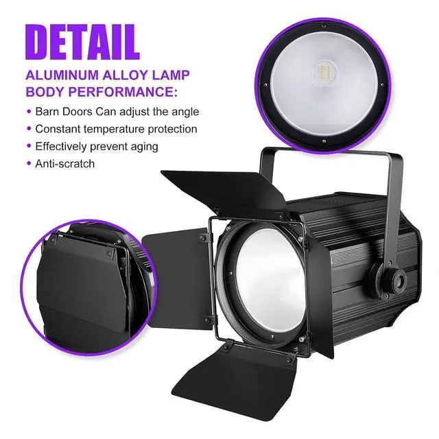 Alt view image 5 of 7 - COB Stage Lights with Barn Doors, COB Par Light 200W LED RGBWAUV DMX512 Master-Slave Sound DJ Lighting Spotlight Fresnel for Church Concert Wedding