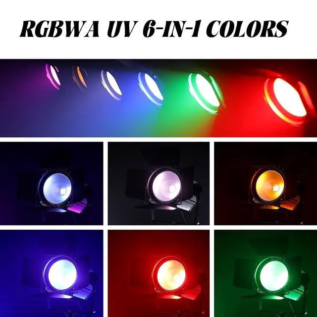 Alt view image 2 of 7 - COB Stage Lights with Barn Doors, COB Par Light 200W LED RGBWAUV DMX512 Master-Slave Sound DJ Lighting Spotlight Fresnel for Church Concert Wedding