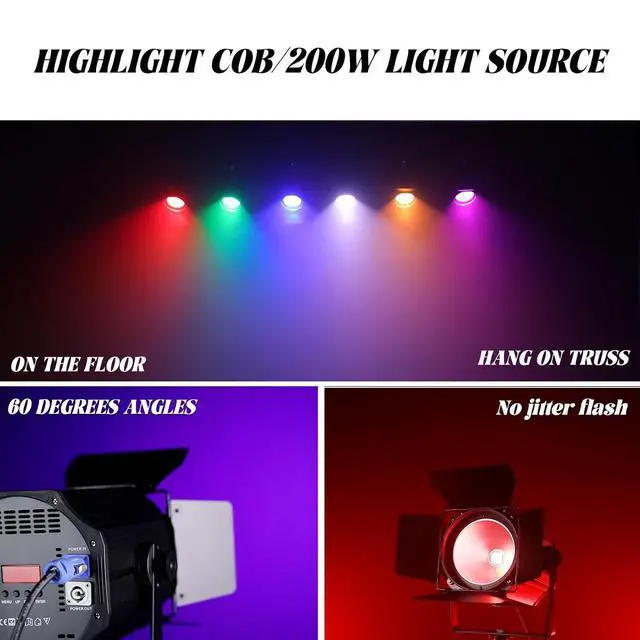 Alt view image 3 of 7 - COB Stage Lights with Barn Doors, COB Par Light 200W LED RGBWAUV DMX512 Master-Slave Sound DJ Lighting Spotlight Fresnel for Church Concert Wedding