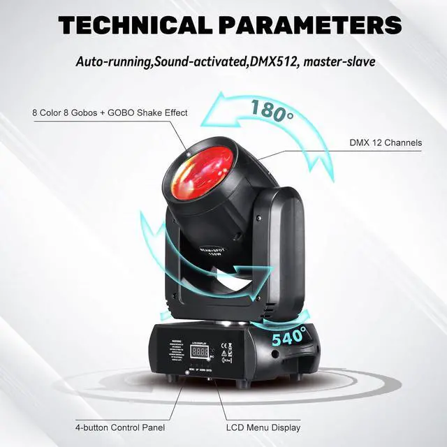 Alt view image 4 of 7 - 150W Moving Head DJ Lights LED Stage Light Mini Beam Spot 8 Gobos 8 Colors Stage Lighting DMX 512 12CH with Sound Activated for Wedding Live Show Disco Events Party(150W, 1)