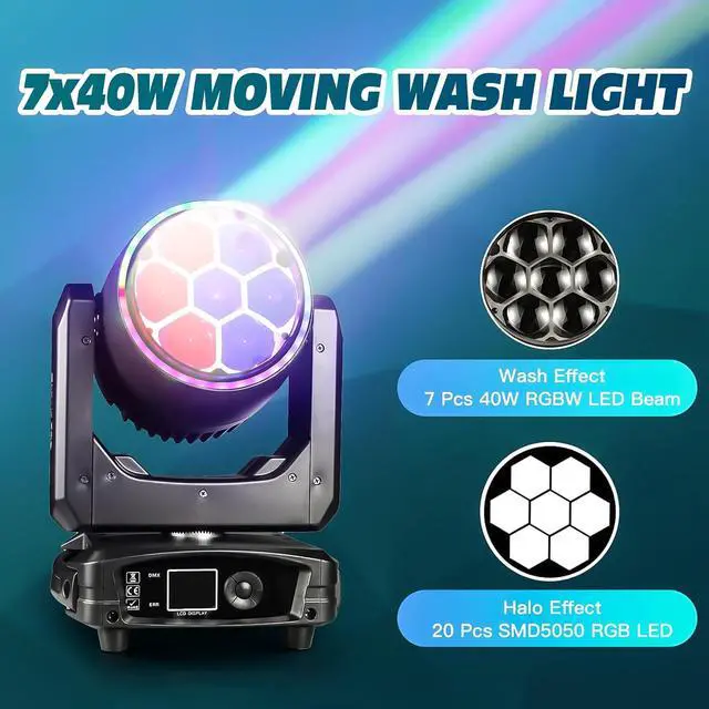 Alt view image 2 of 7 - 300W Moving Head DJ Light 7x40W LED Stage Lights RGBW Beam & Wash & Halo DMX512 Sound Activated for Parties Club Disco Events Wedding Church Opera