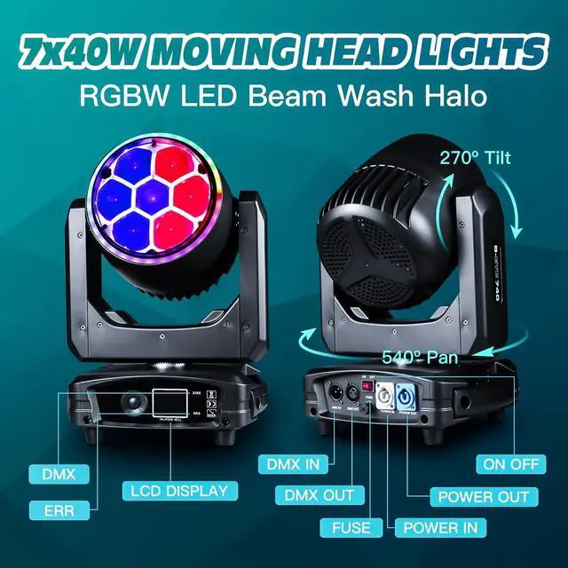 Alt view image 3 of 7 - 300W Moving Head DJ Light 7x40W LED Stage Lights RGBW Beam & Wash & Halo DMX512 Sound Activated for Parties Club Disco Events Wedding Church Opera