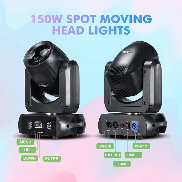 Alt view image 3 of 7 - Moving Head Light 150W Stage Lights 8 Gobos 8 Colors 12 Channels Beam Spotlights 18-Face Prism DMX 512 with Sound-Activated for Party Event Wedding DJ Lighting (1)